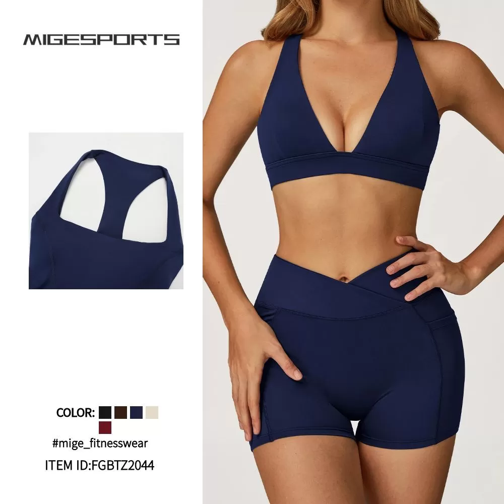 Conjunto de 2 piezas con logotipo personalizado para mujer, pantalones cortos de yoga y sujetador deportivo a juego, ropa deportiva para gimnasio, entrenamiento físico, FGBTZ2044