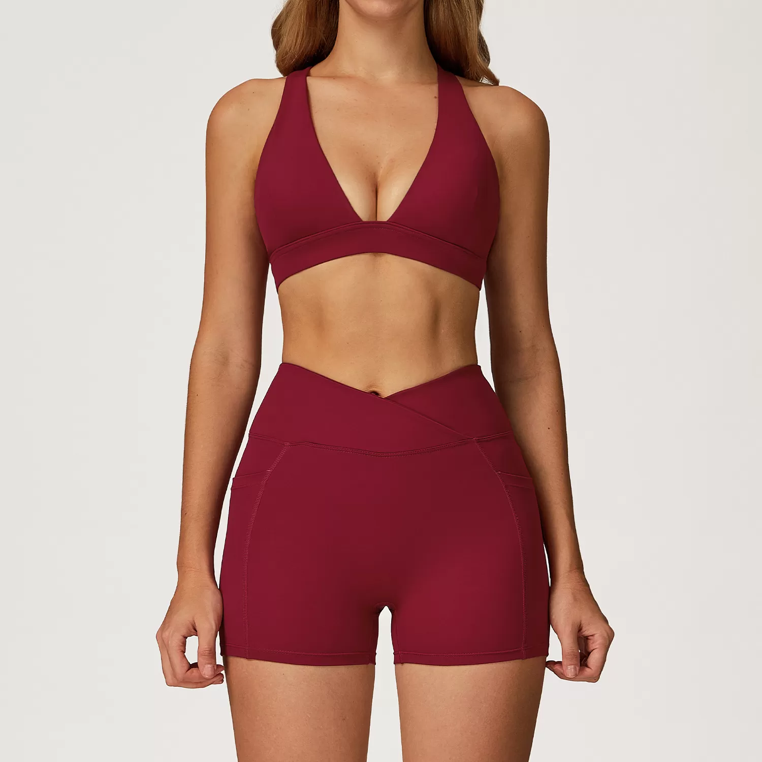 Conjunto de 2 piezas con logotipo personalizado para mujer, pantalones cortos de yoga y sujetador deportivo a juego, ropa deportiva para gimnasio, entrenamiento físico, FGBTZ2044