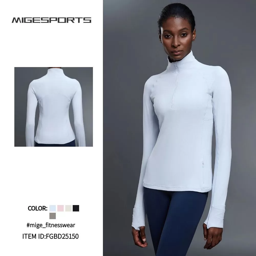 Camiseta de yoga de manga larga con media cremallera para mujer, top deportivo ajustado con aberturas para los pulgares FGBD25150