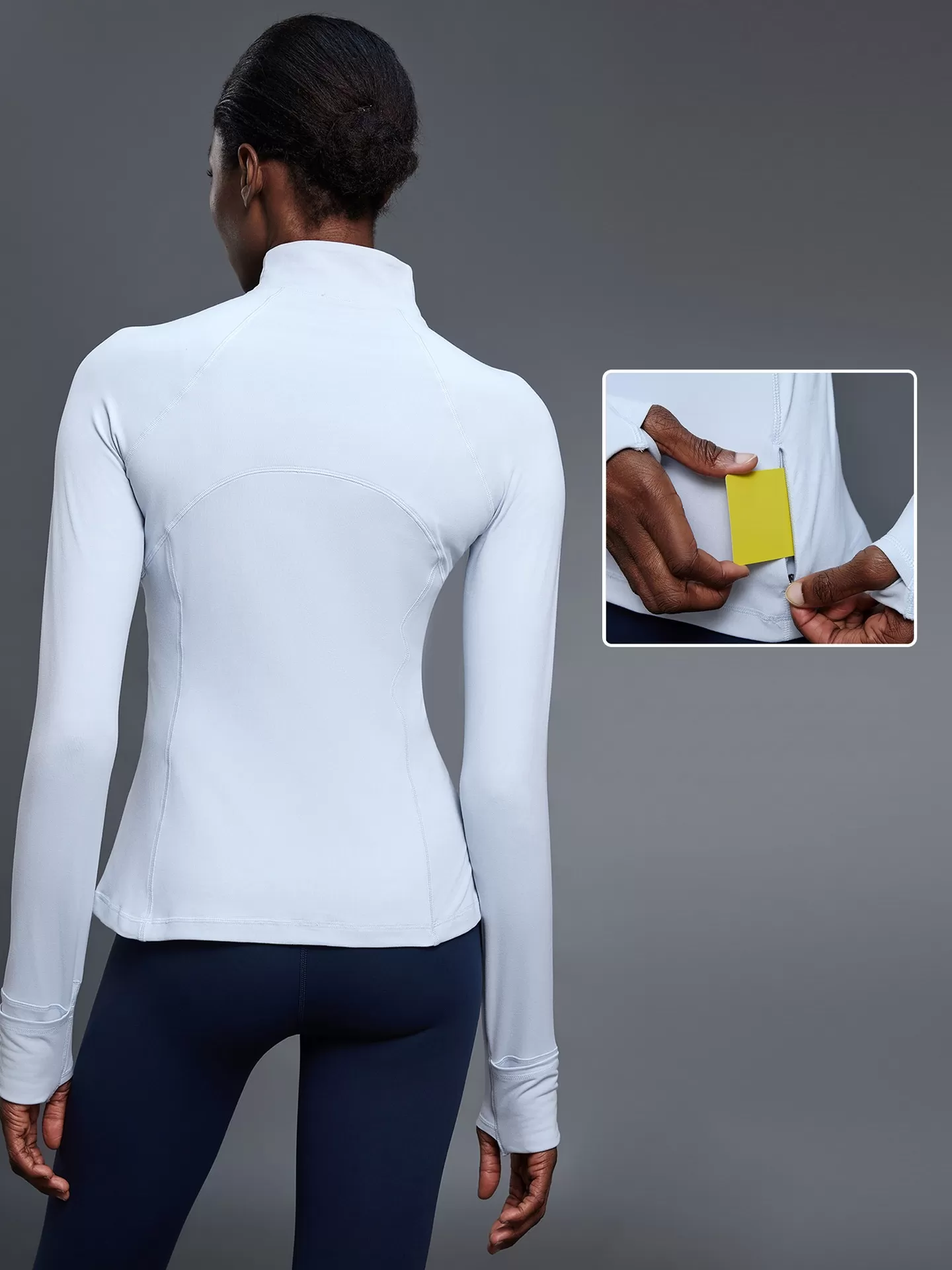Camiseta de yoga de manga larga con media cremallera para mujer, top deportivo ajustado con aberturas para los pulgares FGBD25150