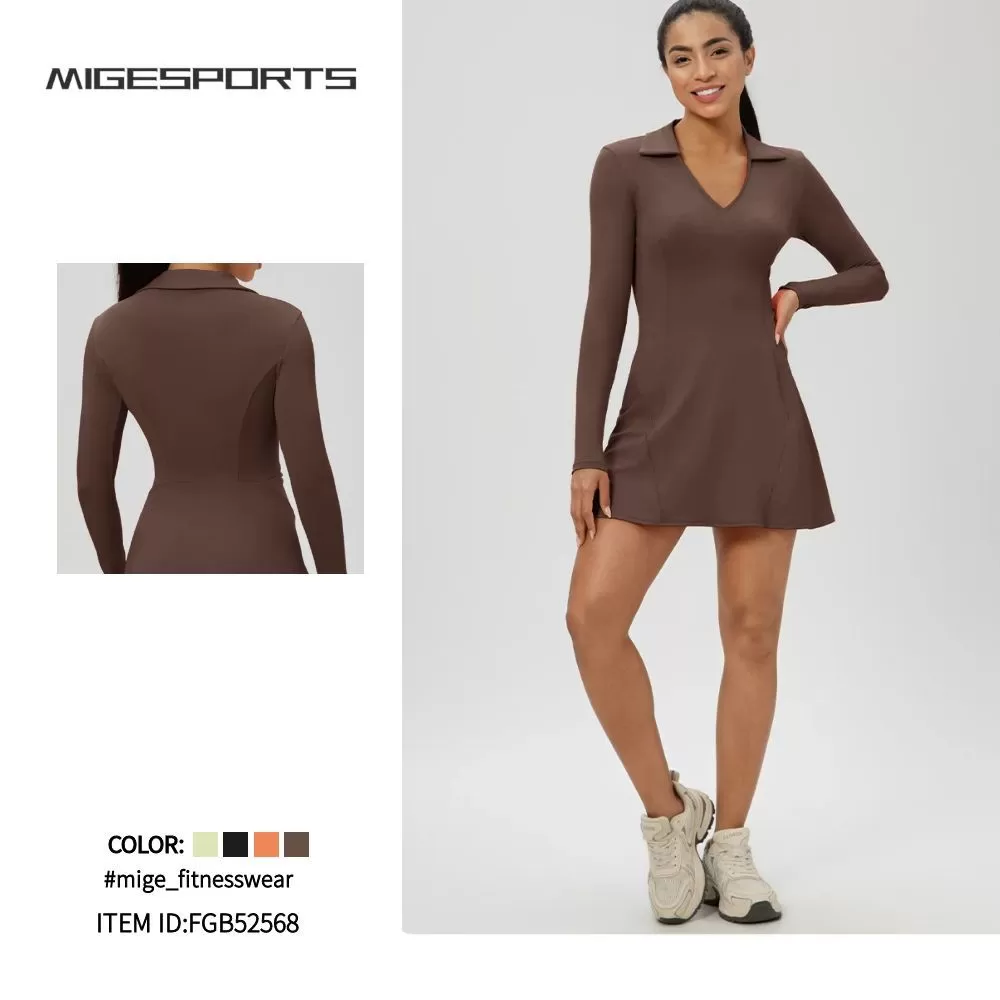 Falda de tenis deportiva de una pieza para mujer, de manga larga y cuello en V, FGB52568