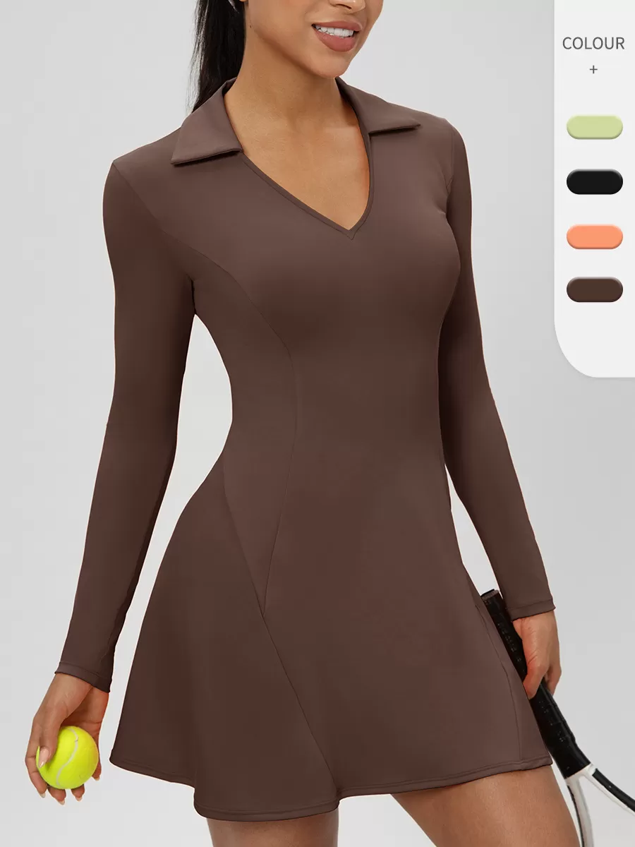 Falda de tenis deportiva de una pieza para mujer, de manga larga y cuello en V, FGB52568