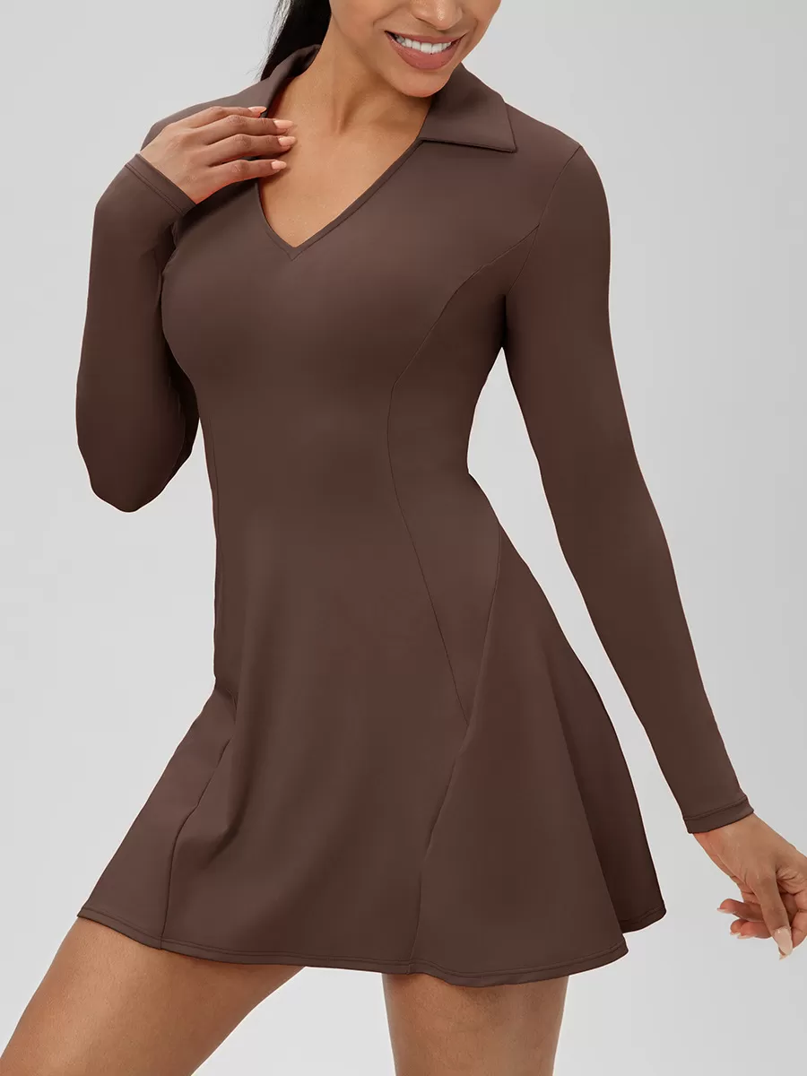 Falda de tenis deportiva de una pieza para mujer, de manga larga y cuello en V, FGB52568