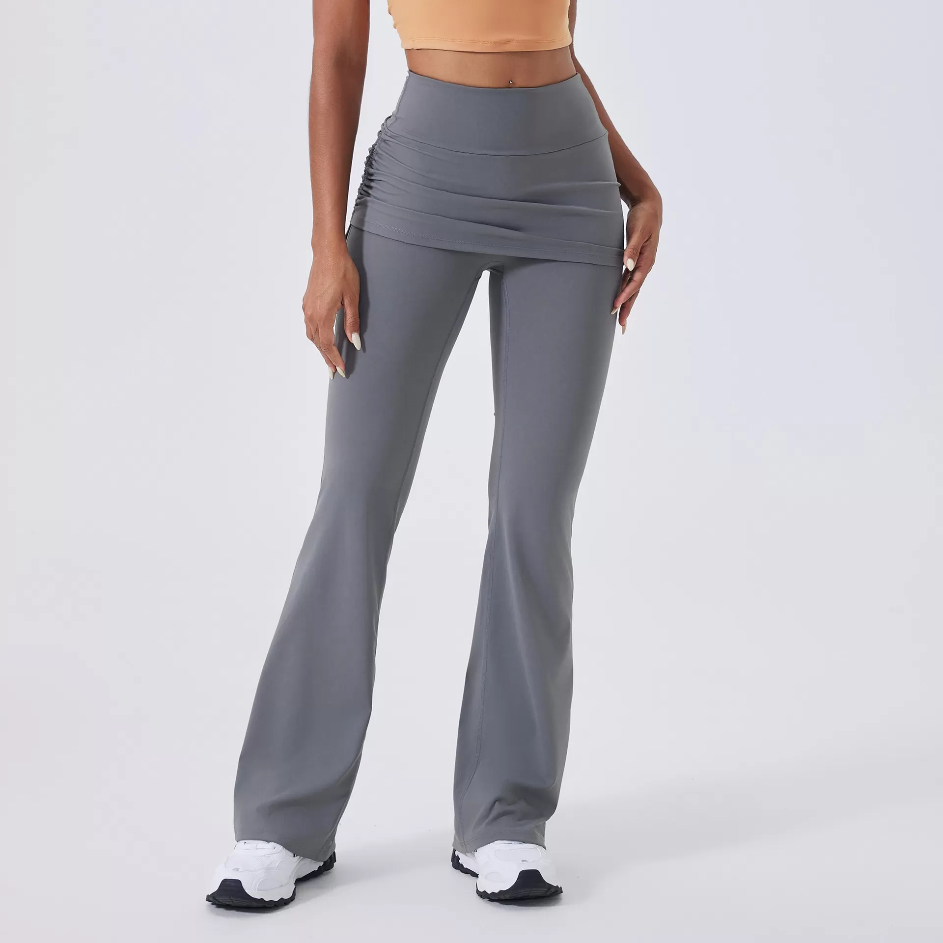 Pantalones deportivos casuales de cintura alta para mujer, color nude, efecto levanta glúteos, estilo acampanado para yoga FGBCK5591