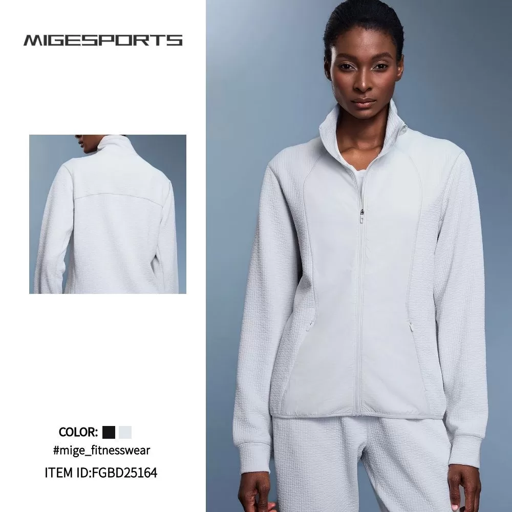 Chaqueta deportiva de mujer estilo casual, corte ajustado tipo waffle, cuello alto y cierre de cremallera (FGBD25164)
