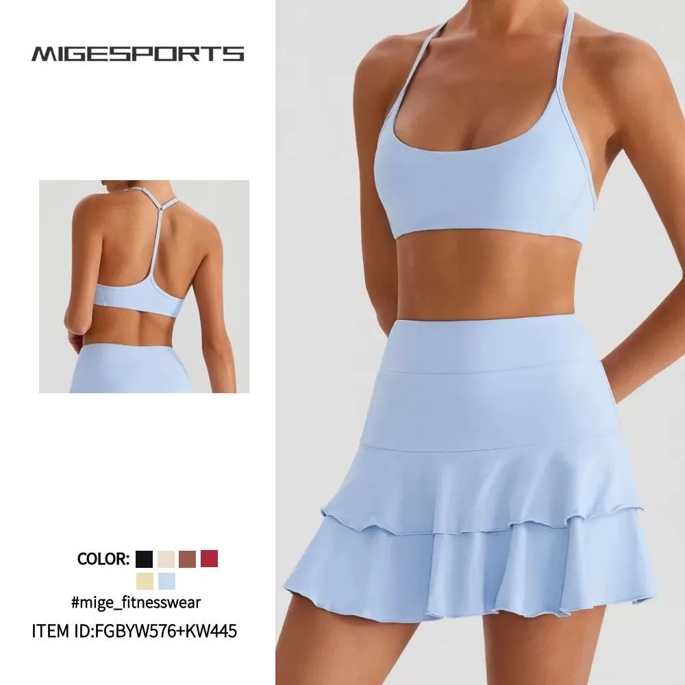 Conjuntos de yoga con falda corta y sujetador para mujer, conjuntos de gimnasio, ropa deportiva para correr, FGBYW576+KW445