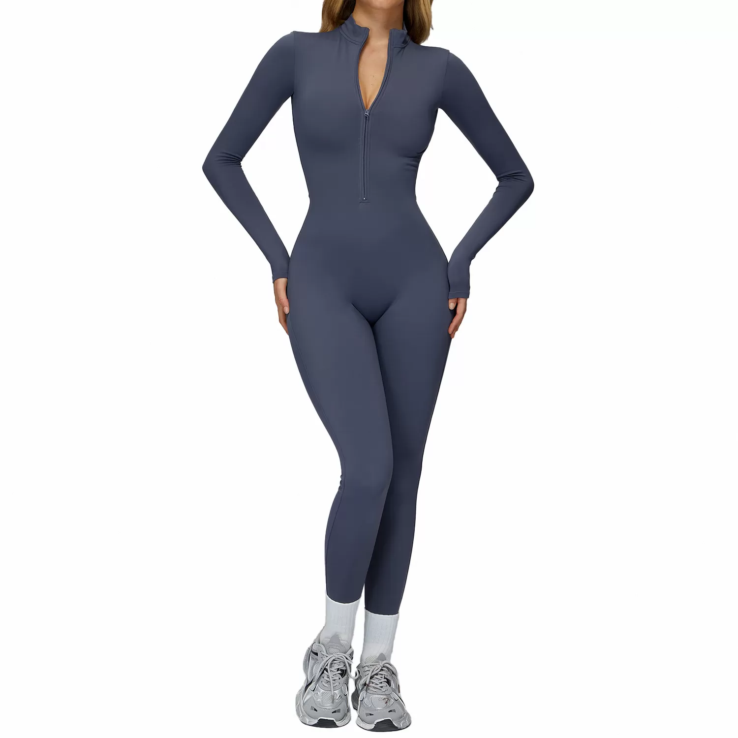 Mono deportivo de yoga de manga larga para mujer, estilo cross-border, de punto, con cremallera FGBELT2509