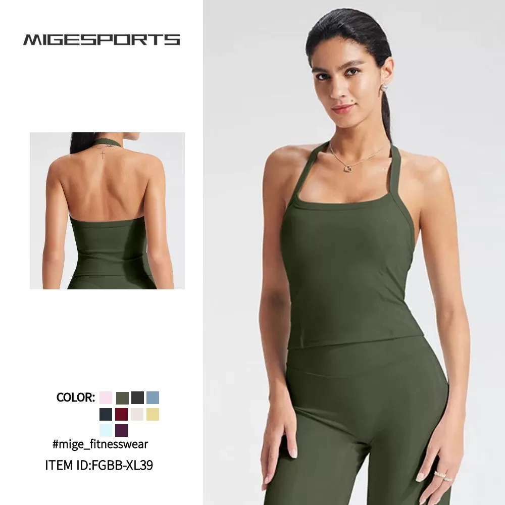 Sujetador deportivo halter con espalda descubierta, acolchado, ajustado, para fitness y yoga. Camiseta sin mangas sexy sin espalda para mujer. Modelo FGBB-XL39