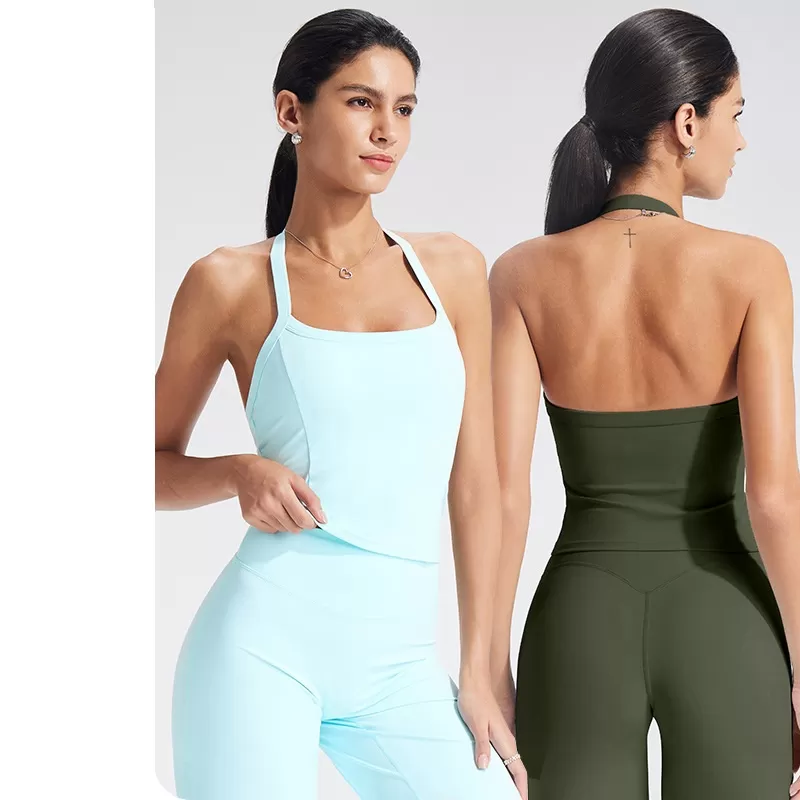 Sujetador deportivo halter con espalda descubierta, acolchado, ajustado, para fitness y yoga. Camiseta sin mangas sexy sin espalda para mujer. Modelo FGBB-XL39