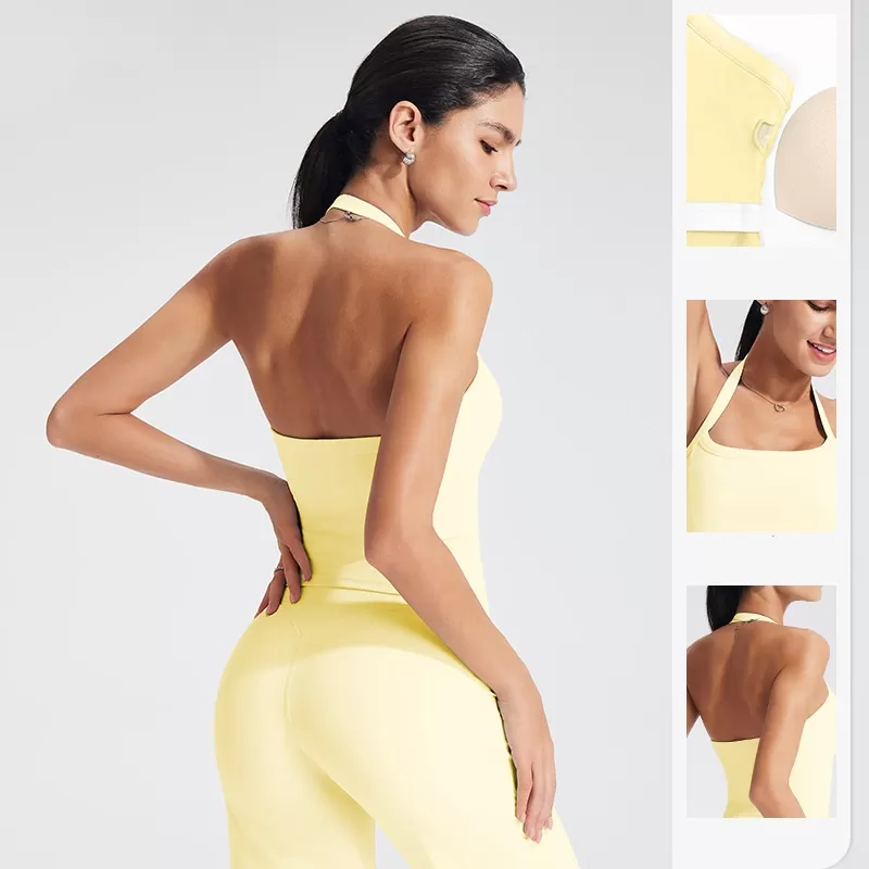 Sujetador deportivo halter con espalda descubierta, acolchado, ajustado, para fitness y yoga. Camiseta sin mangas sexy sin espalda para mujer. Modelo FGBB-XL39