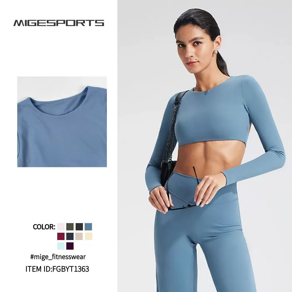 Top deportivo de yoga transpirable de manga larga con espalda descubierta, confeccionado en spandex/nylon, de corte ajustado, ideal para correr, entrenar y hacer ejercicio FGBYT1363