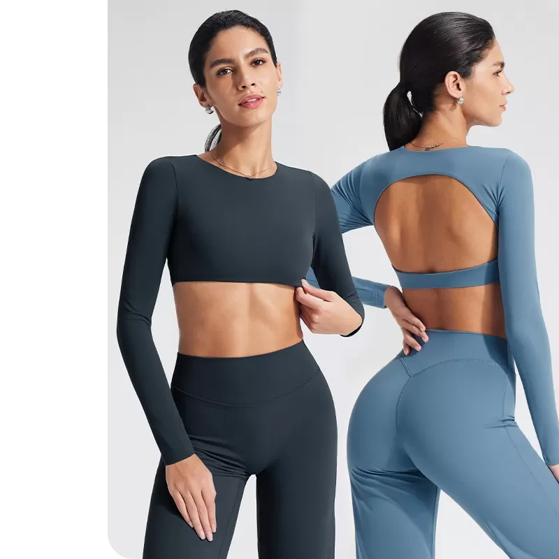 Top deportivo de yoga transpirable de manga larga con espalda descubierta, confeccionado en spandex/nylon, de corte ajustado, ideal para correr, entrenar y hacer ejercicio FGBYT1363