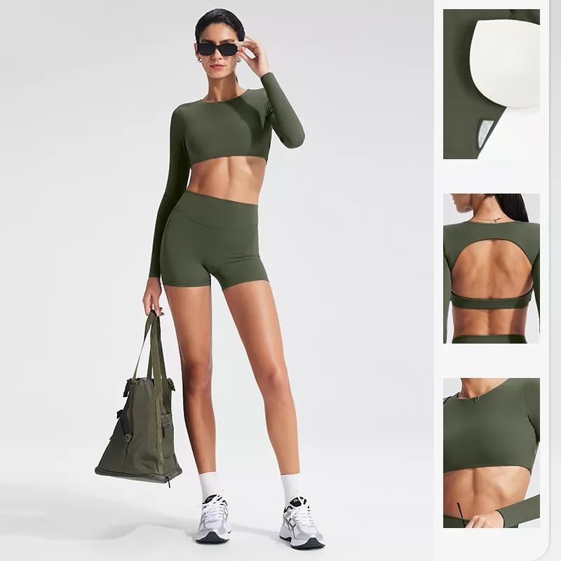 Top deportivo de yoga transpirable de manga larga con espalda descubierta, confeccionado en spandex/nylon, de corte ajustado, ideal para correr, entrenar y hacer ejercicio FGBYT1363