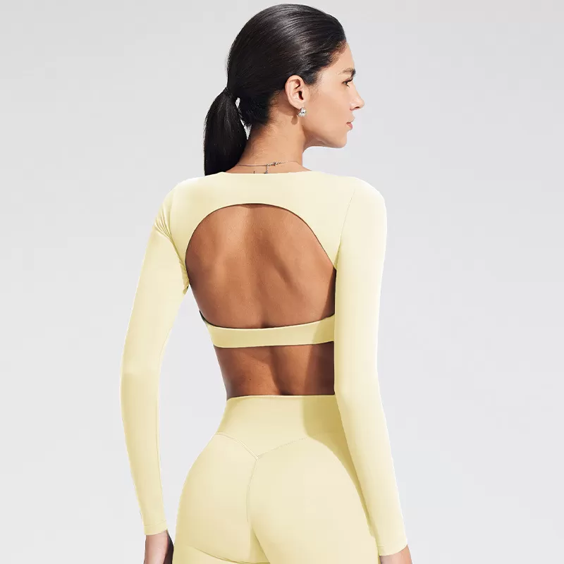 Top deportivo de yoga transpirable de manga larga con espalda descubierta, confeccionado en spandex/nylon, de corte ajustado, ideal para correr, entrenar y hacer ejercicio FGBYT1363