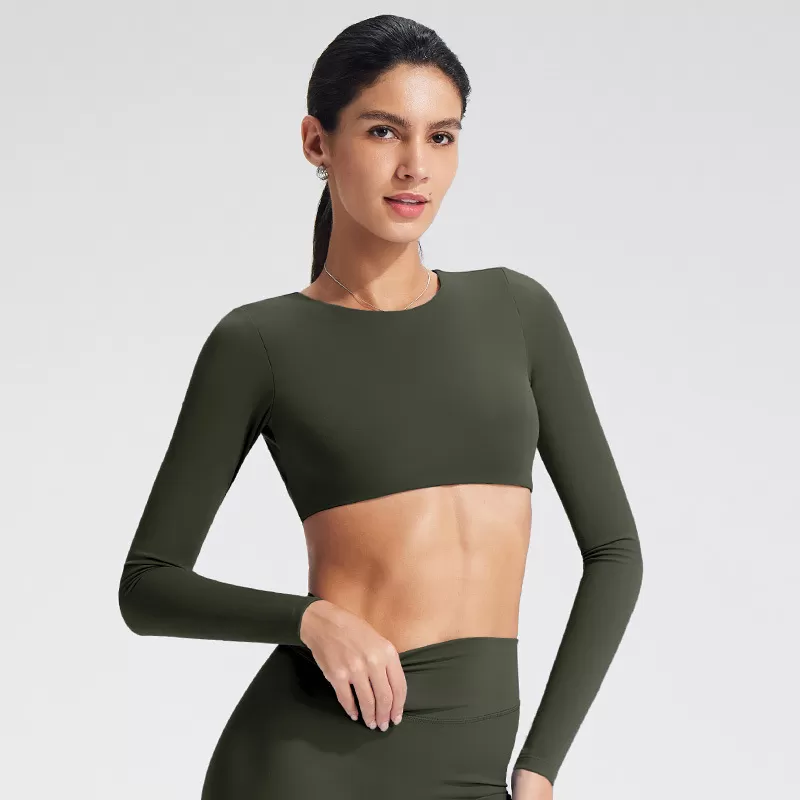 Top deportivo de yoga transpirable de manga larga con espalda descubierta, confeccionado en spandex/nylon, de corte ajustado, ideal para correr, entrenar y hacer ejercicio FGBYT1363