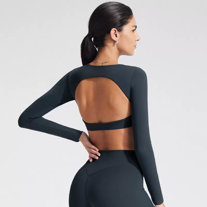 Top deportivo de yoga transpirable de manga larga con espalda descubierta, confeccionado en spandex/nylon, de corte ajustado, ideal para correr, entrenar y hacer ejercicio FGBYT1363