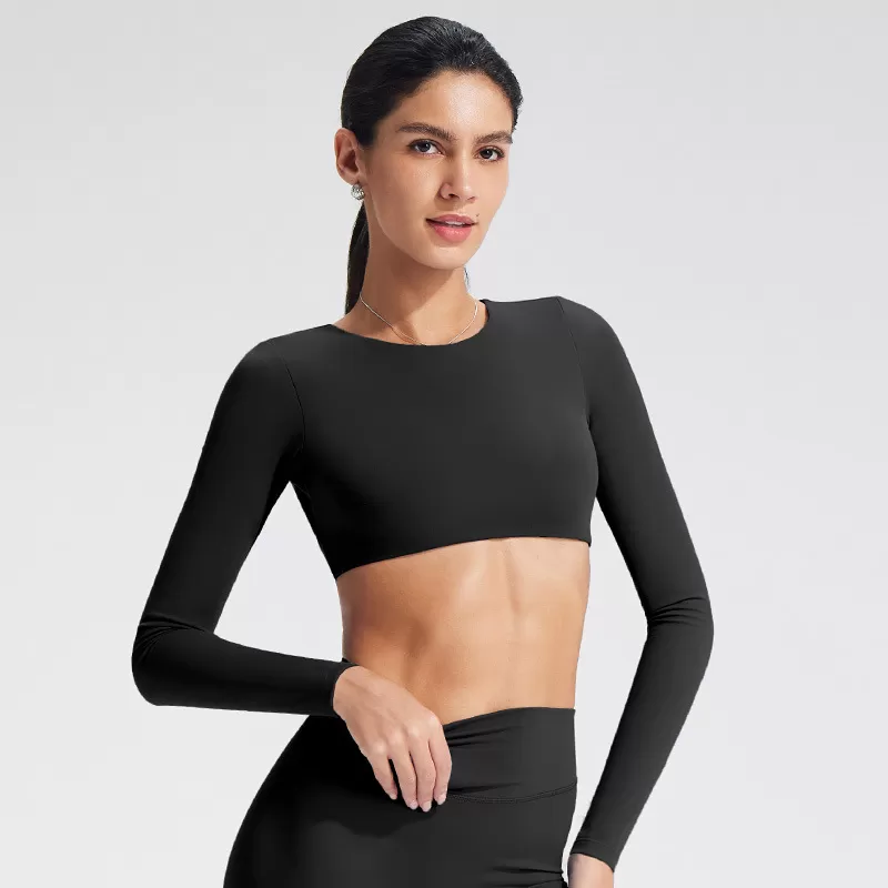 Top deportivo de yoga transpirable de manga larga con espalda descubierta, confeccionado en spandex/nylon, de corte ajustado, ideal para correr, entrenar y hacer ejercicio FGBYT1363