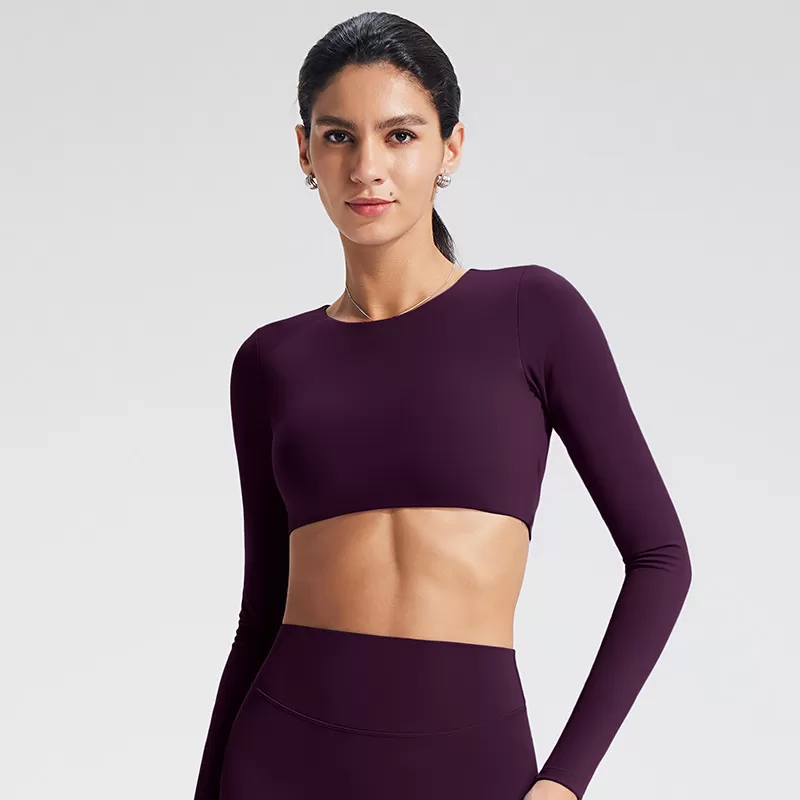 Top deportivo de yoga transpirable de manga larga con espalda descubierta, confeccionado en spandex/nylon, de corte ajustado, ideal para correr, entrenar y hacer ejercicio FGBYT1363