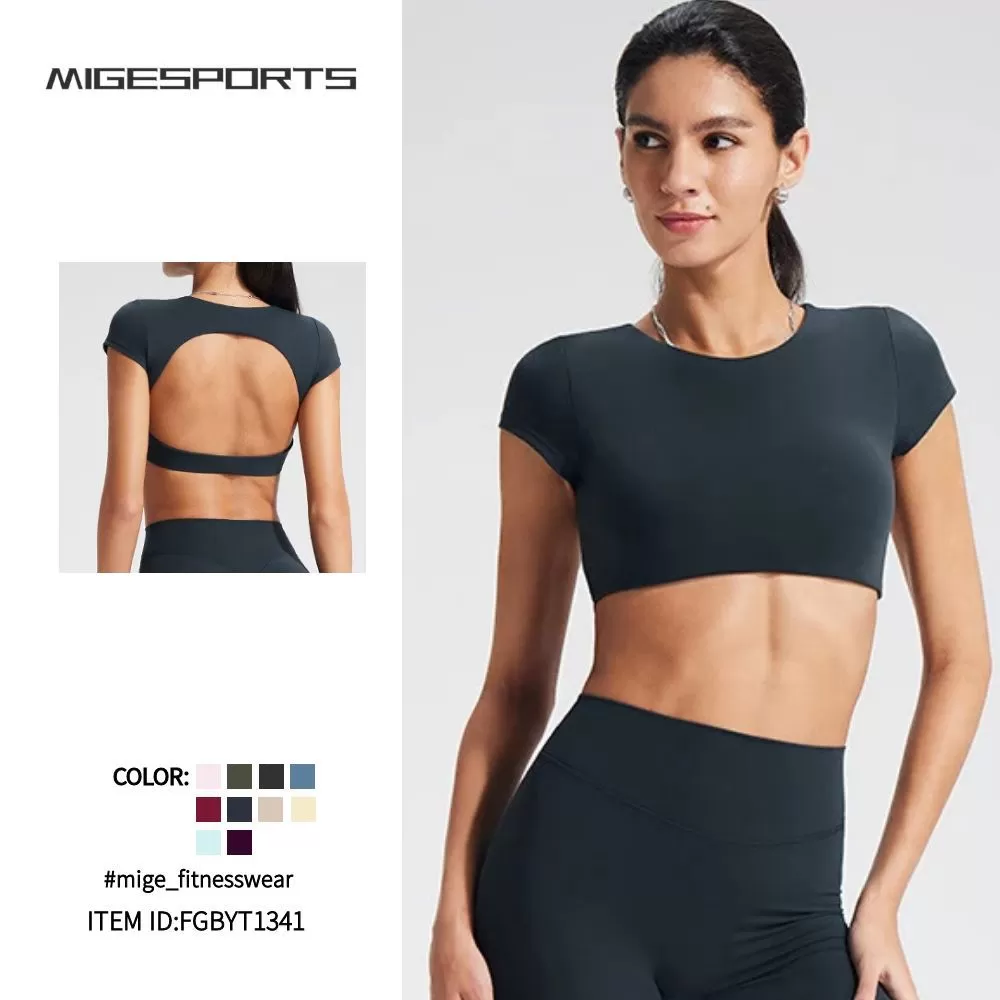 ¡Novedad! Top corto de yoga para gimnasio, entrenamiento y fitness. ¡En oferta! Top de yoga suave, sin espalda y de manga corta para mujer. Logotipo personalizado. Modelo FGBYT1341