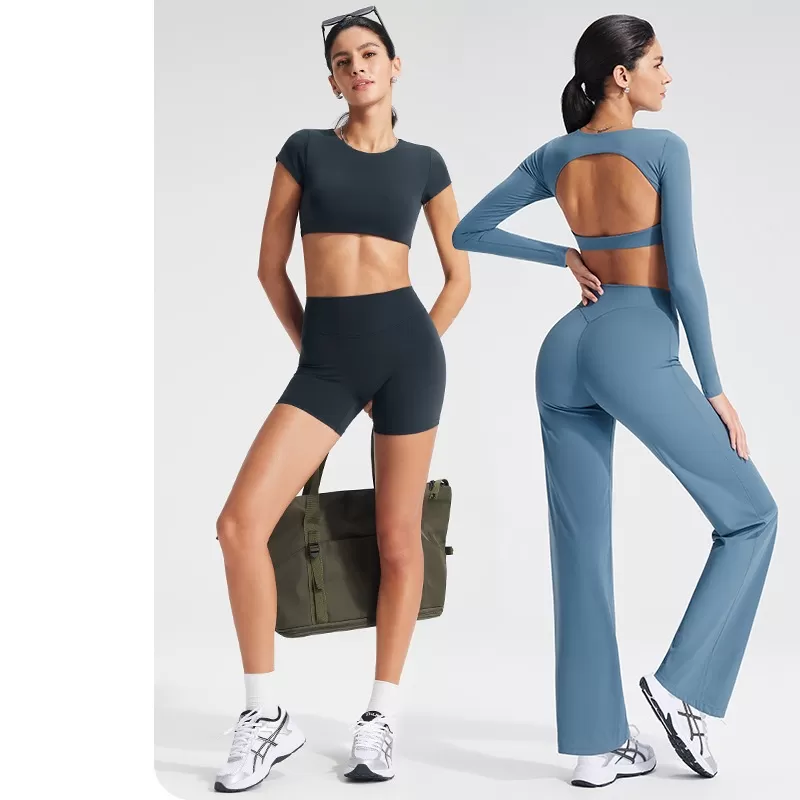 ¡Novedad! Top corto de yoga para gimnasio, entrenamiento y fitness. ¡En oferta! Top de yoga suave, sin espalda y de manga corta para mujer. Logotipo personalizado. Modelo FGBYT1341