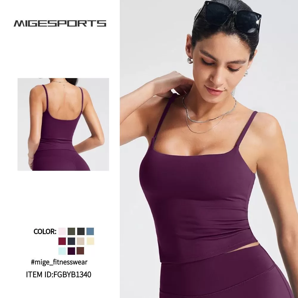 Thin Straps Built-in Longline Yoga Singlet Tops Breathable   Stretchy Women's Fitness Gym TopFGBYB1340
