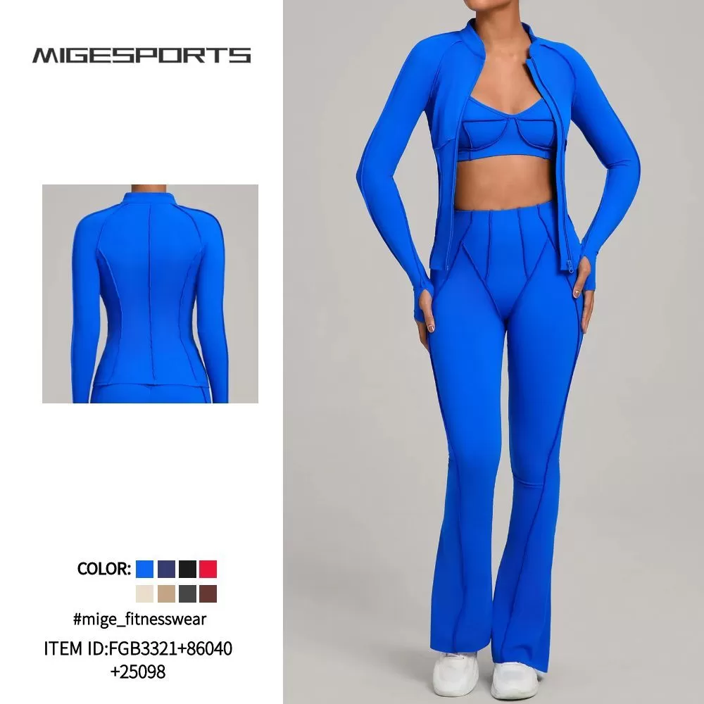 Conjunto deportivo de yoga y gimnasio de tres piezas para mujer: chaqueta con cremallera completa, sujetador deportivo, pantalón acampanado con efecto push-up para realzar los glúteos (FGB3321+86040+25098)