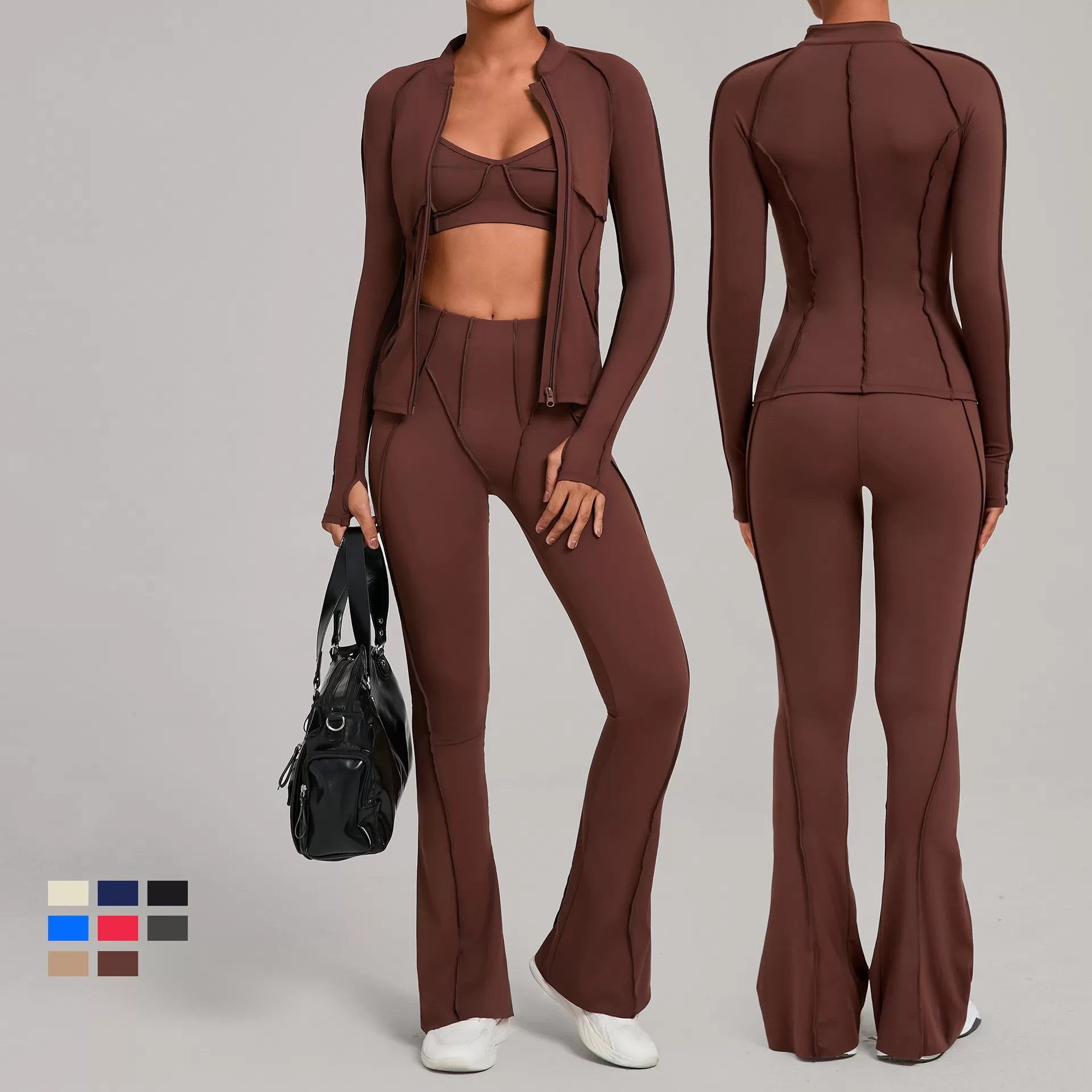 Conjunto deportivo de yoga y gimnasio de tres piezas para mujer: chaqueta con cremallera completa, sujetador deportivo, pantalón acampanado con efecto push-up para realzar los glúteos (FGB3321+86040+25098)