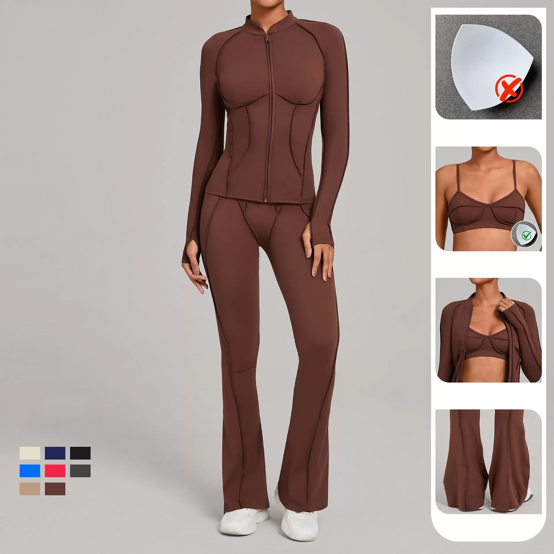 Conjunto deportivo de yoga y gimnasio de tres piezas para mujer: chaqueta con cremallera completa, sujetador deportivo, pantalón acampanado con efecto push-up para realzar los glúteos (FGB3321+86040+25098)