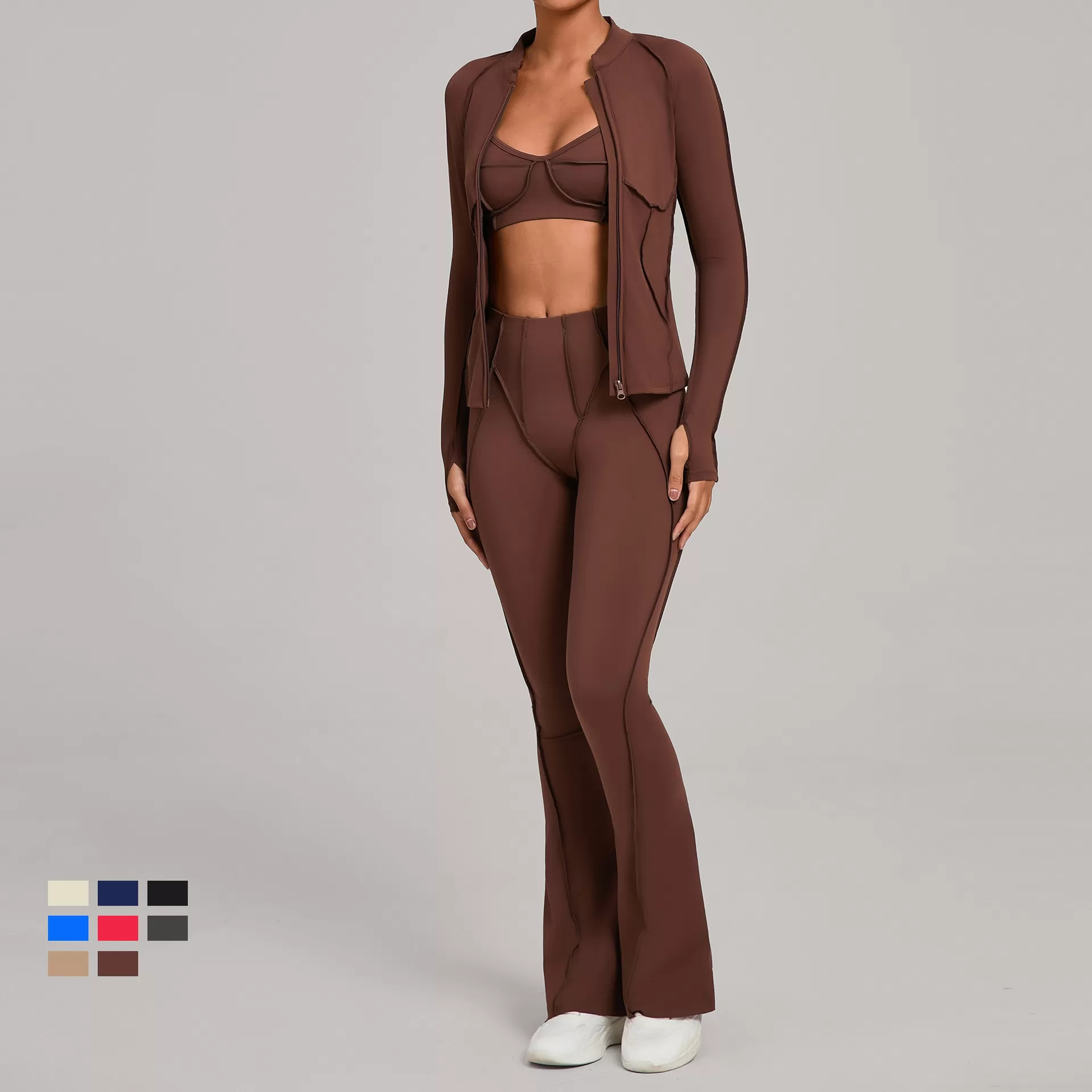 Conjunto deportivo de yoga y gimnasio de tres piezas para mujer: chaqueta con cremallera completa, sujetador deportivo, pantalón acampanado con efecto push-up para realzar los glúteos (FGB3321+86040+25098)