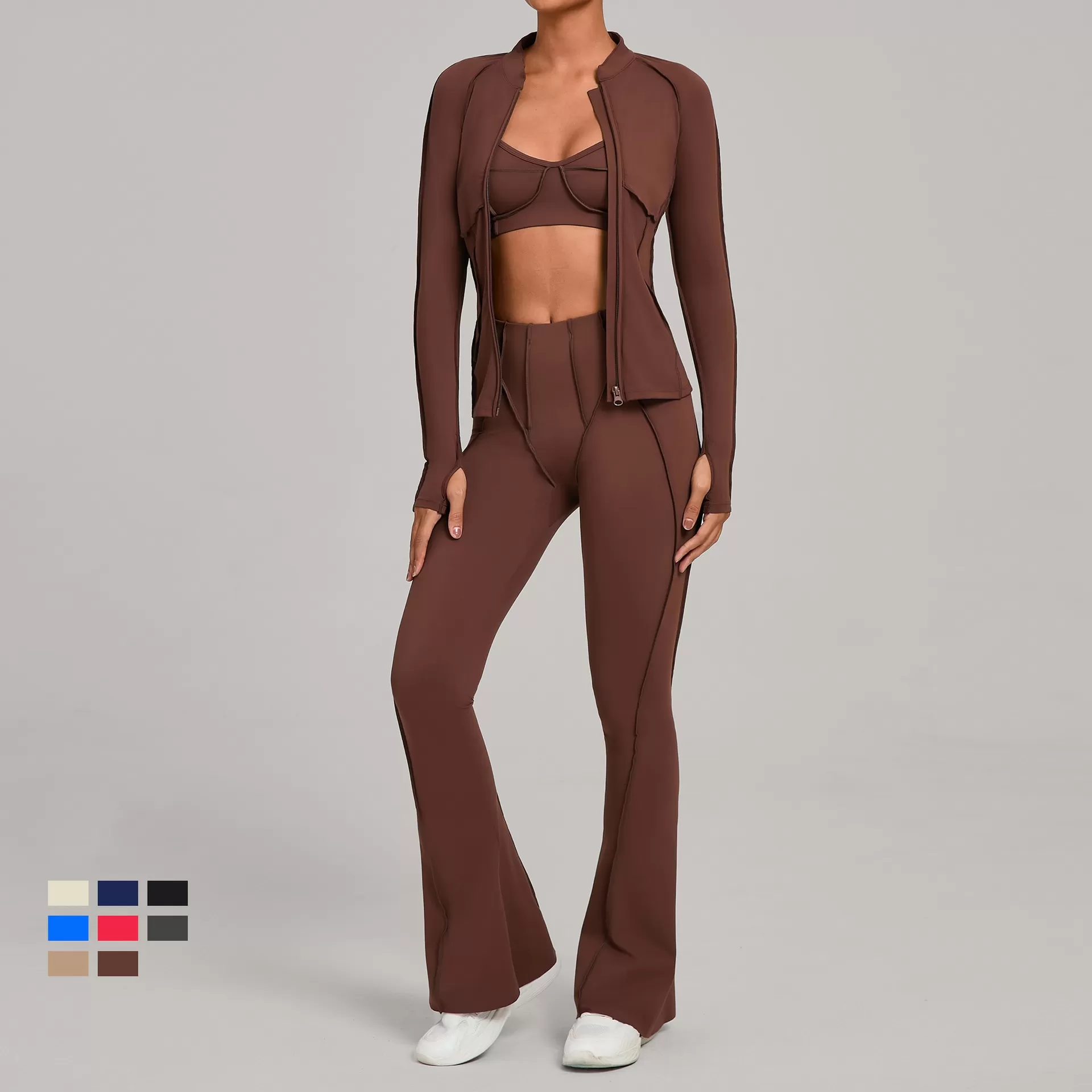 Conjunto deportivo de yoga y gimnasio de tres piezas para mujer: chaqueta con cremallera completa, sujetador deportivo, pantalón acampanado con efecto push-up para realzar los glúteos (FGB3321+86040+25098)