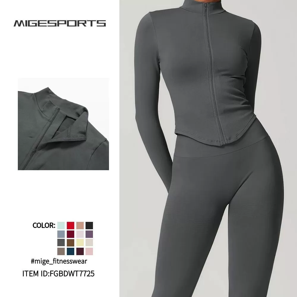 Chaqueta deportiva para mujer, ligera, de seda, transpirable, de manga larga, con cremallera completa, color liso, ideal para yoga FGBDWT7725