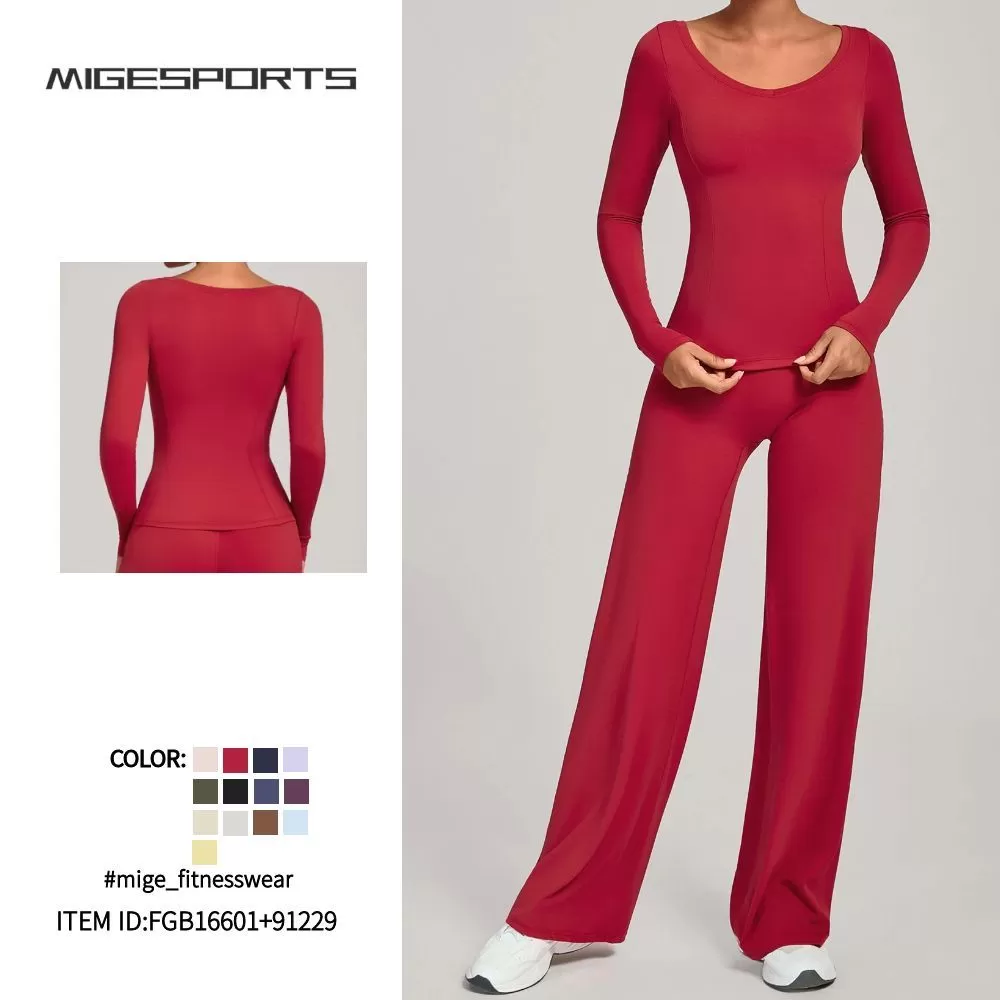 Conjunto deportivo de manga larga para mujer, ideal para gimnasio y fitness. Top deportivo de cintura alta para entrenamiento y yoga. FGB16601+91229