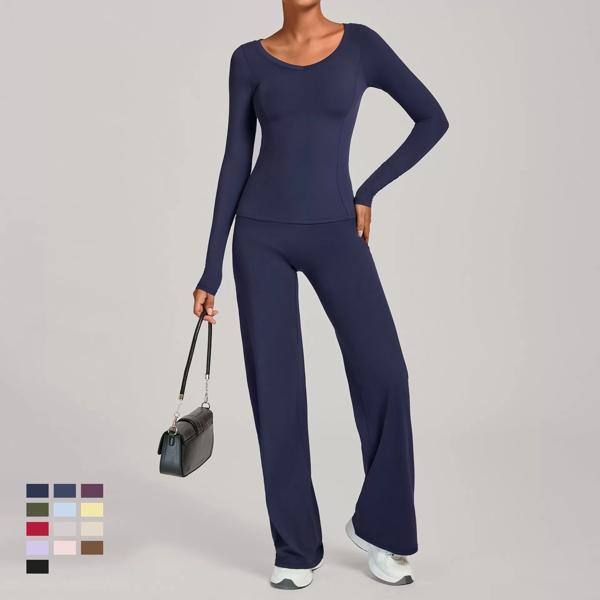 Conjunto deportivo de manga larga para mujer, ideal para gimnasio y fitness. Top deportivo de cintura alta para entrenamiento y yoga. FGB16601+91229