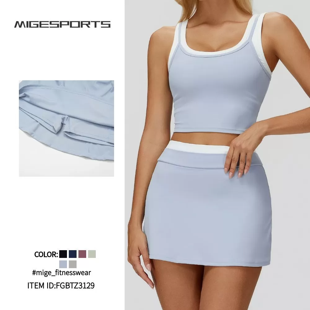 Conjunto deportivo de 2 piezas para mujer: camiseta y falda deportiva de alta calidad para gimnasio y gimnasio. Modelo FGBTZ3129.