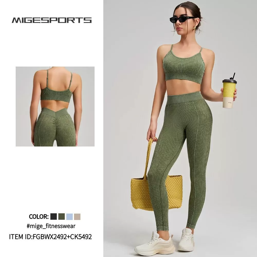 Conjunto de yoga de 2 piezas para mujer, sin costuras, cintura alta, efecto push-up en los glúteos, leggings deportivos, sujetador deportivo FGBWX2492+CK5492