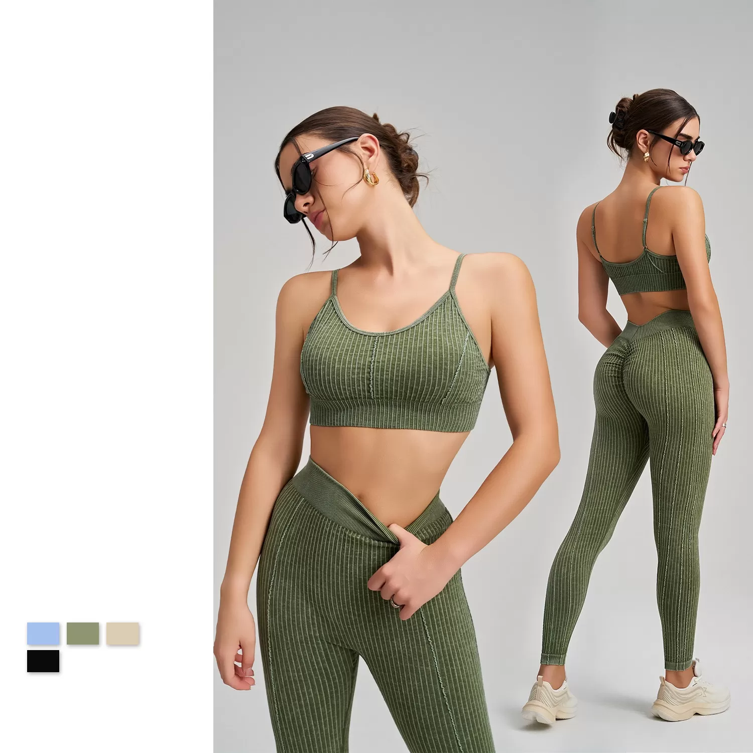 Conjunto de yoga de 2 piezas para mujer, sin costuras, cintura alta, efecto push-up en los glúteos, leggings deportivos, sujetador deportivo FGBWX2492+CK5492