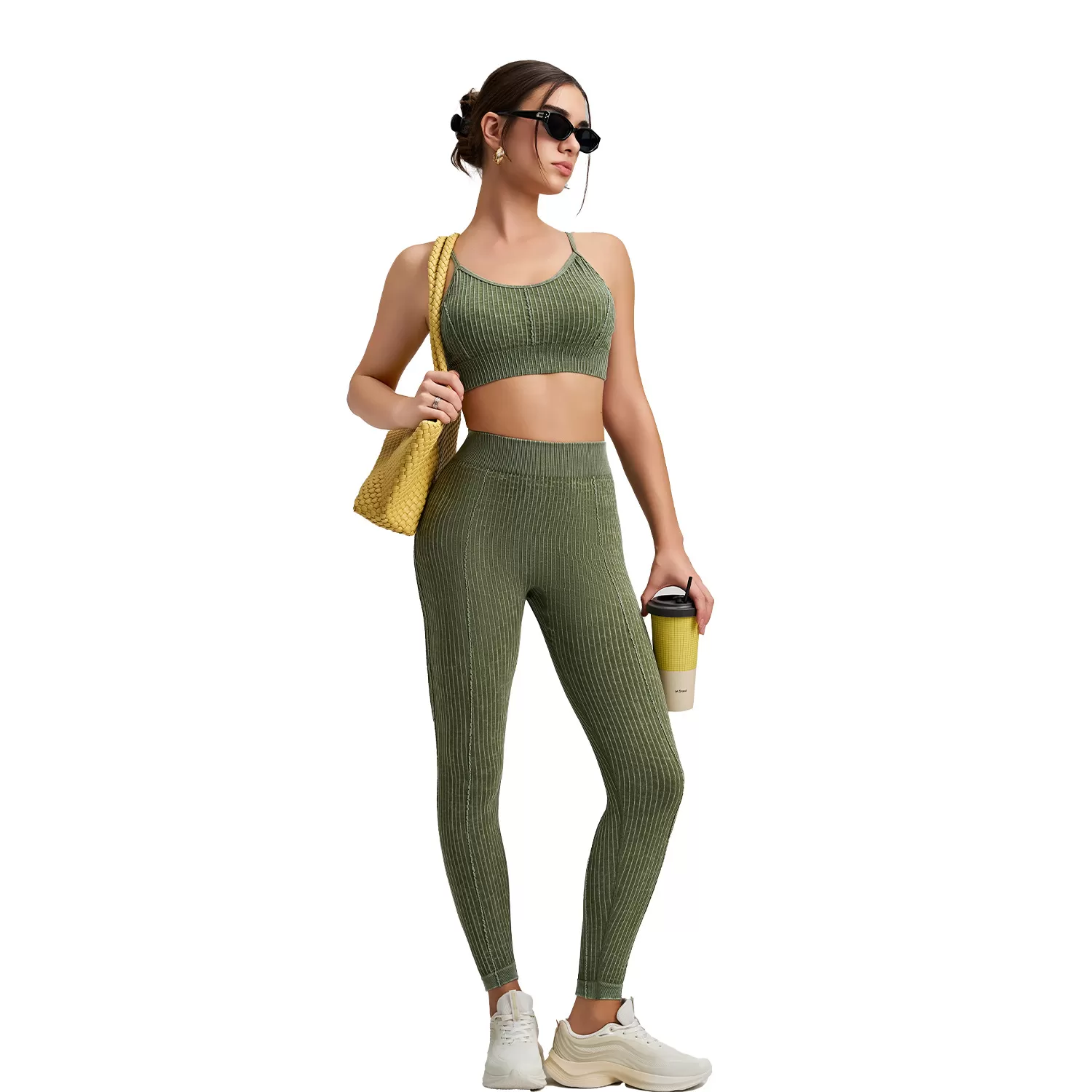Conjunto de yoga de 2 piezas para mujer, sin costuras, cintura alta, efecto push-up en los glúteos, leggings deportivos, sujetador deportivo FGBWX2492+CK5492