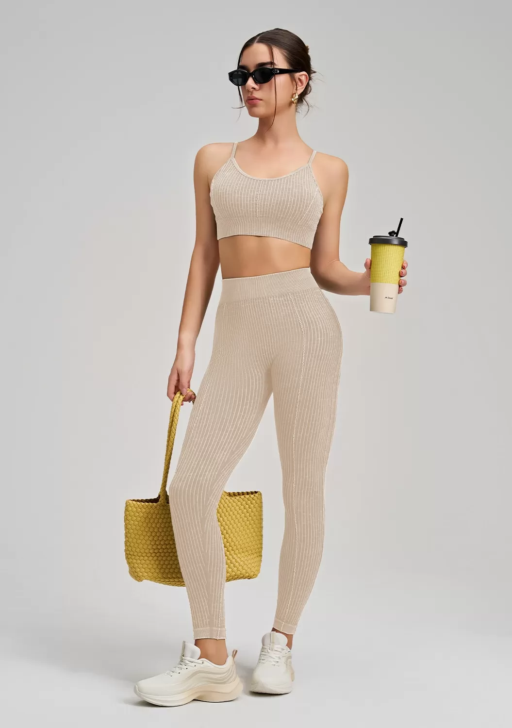 Conjunto de yoga de 2 piezas para mujer, sin costuras, cintura alta, efecto push-up en los glúteos, leggings deportivos, sujetador deportivo FGBWX2492+CK5492