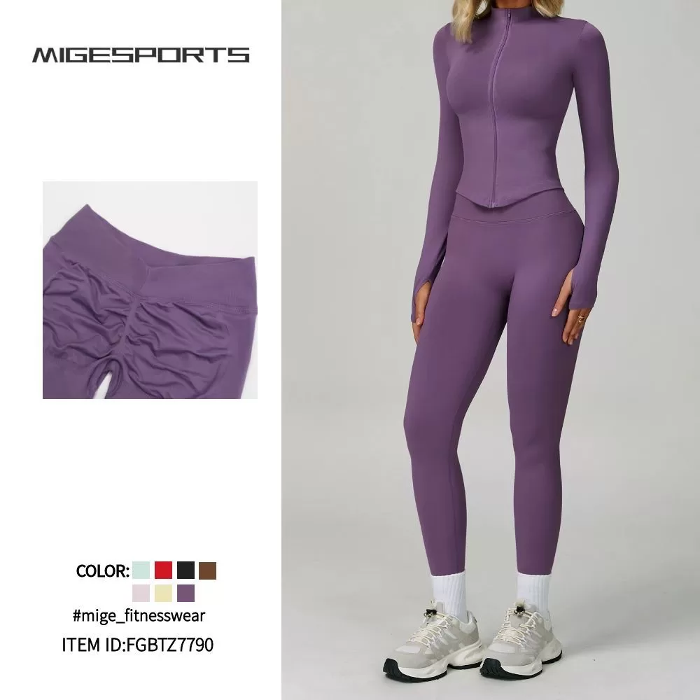 Conjunto de yoga ajustado sin costuras para mujer: leggings deportivos de cintura alta, chaqueta con cremallera, conjunto de gimnasio y fitness FGBTZ7790
