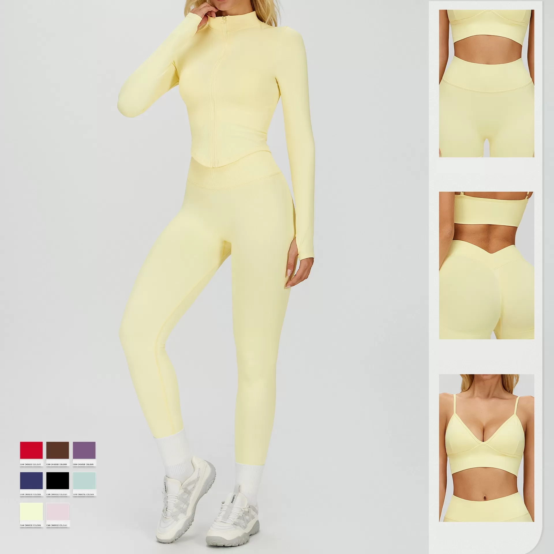 Conjunto de yoga ajustado sin costuras para mujer: leggings deportivos de cintura alta, chaqueta con cremallera, conjunto de gimnasio y fitness FGBTZ7790