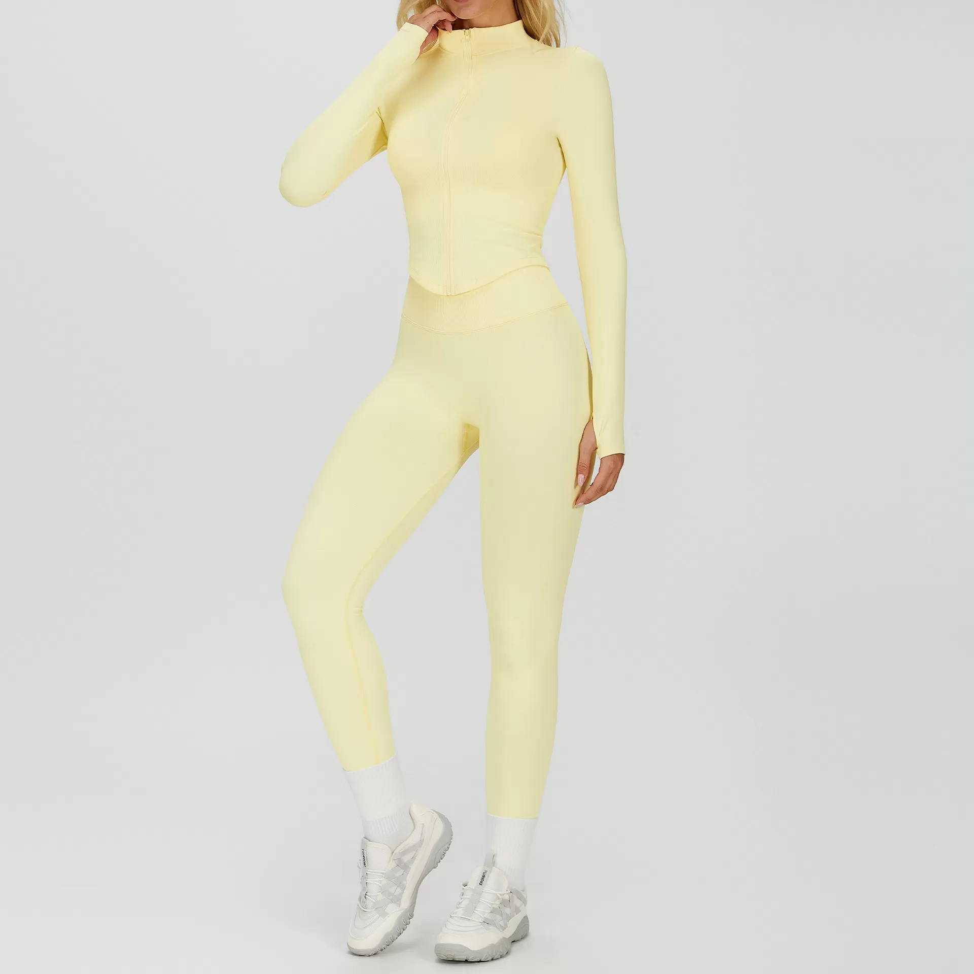 Conjunto de yoga ajustado sin costuras para mujer: leggings deportivos de cintura alta, chaqueta con cremallera, conjunto de gimnasio y fitness FGBTZ7790