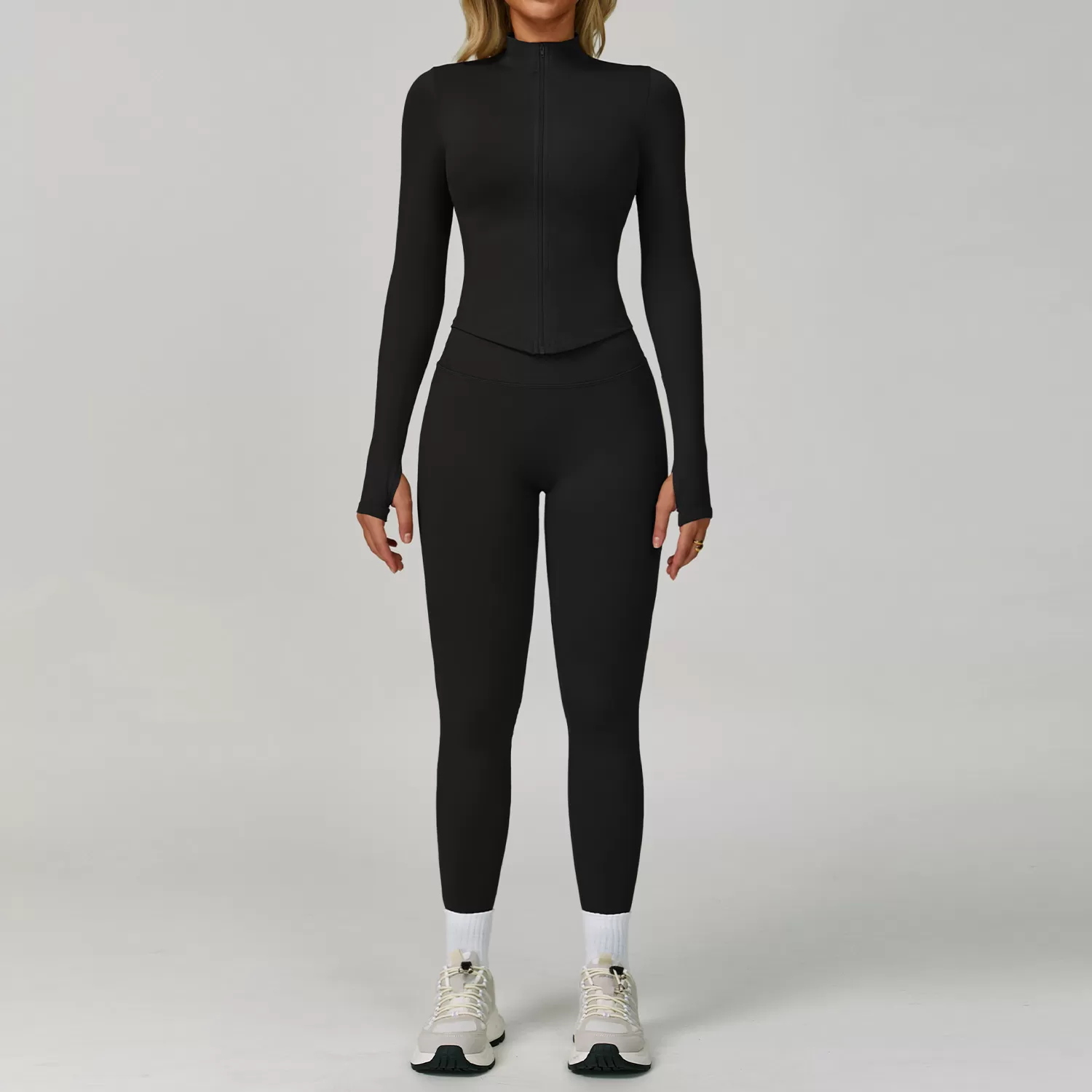 Conjunto de yoga ajustado sin costuras para mujer: leggings deportivos de cintura alta, chaqueta con cremallera, conjunto de gimnasio y fitness FGBTZ7790