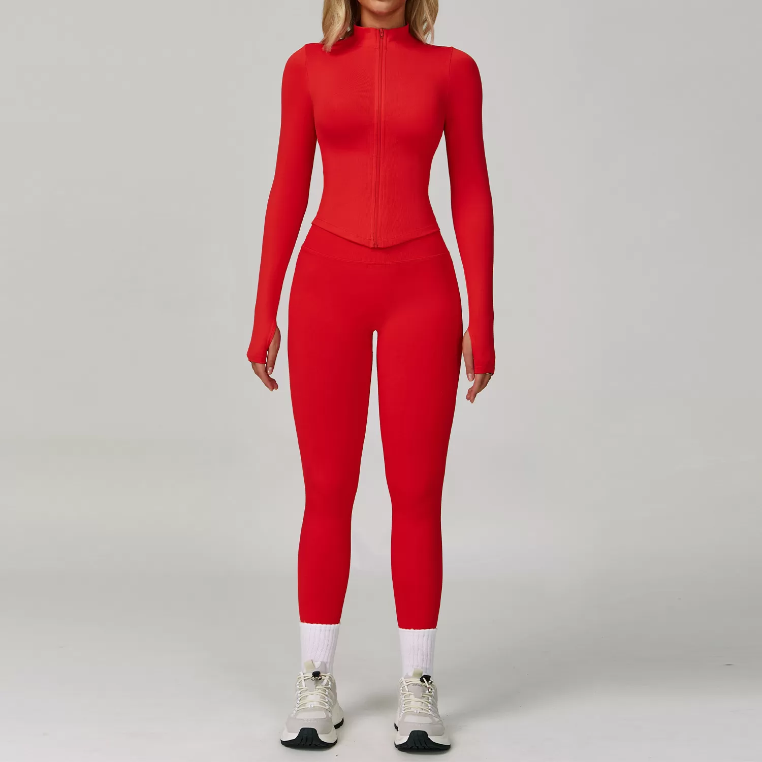 Conjunto de yoga ajustado sin costuras para mujer: leggings deportivos de cintura alta, chaqueta con cremallera, conjunto de gimnasio y fitness FGBTZ7790