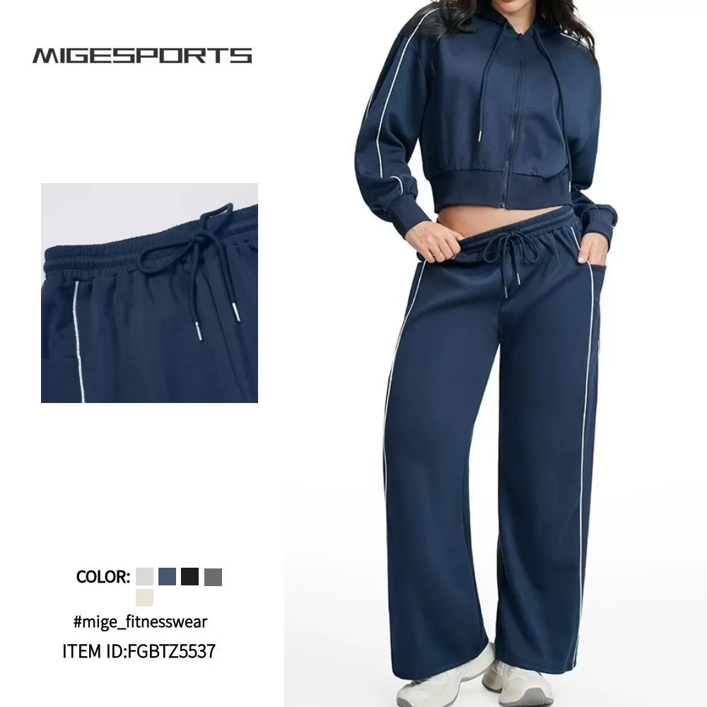 Conjunto de yoga para mujer: chaqueta con cremallera y cordón ajustable en el dobladillo y pantalones deportivos de cintura alta y pierna ancha FGBETZ5537