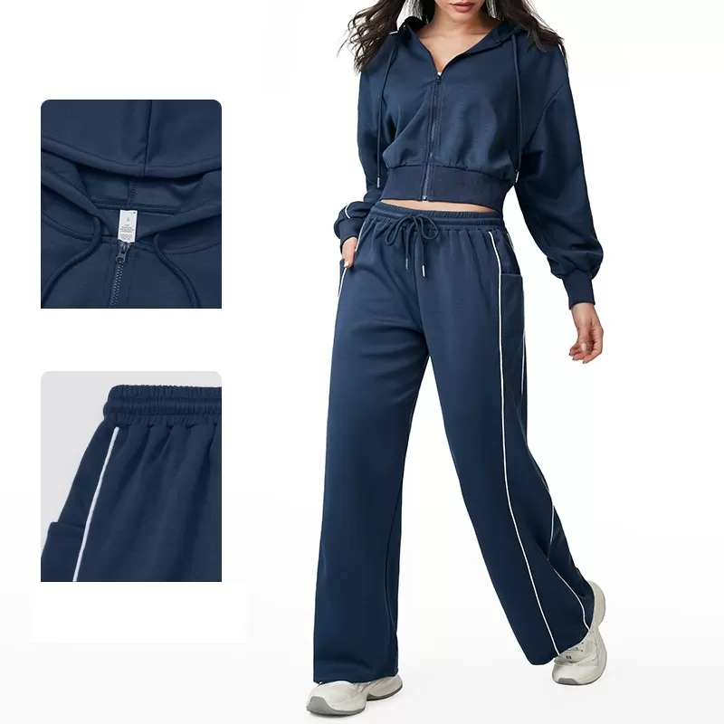 Conjunto de yoga para mujer: chaqueta con cremallera y cordón ajustable en el dobladillo y pantalones deportivos de cintura alta y pierna ancha FGBETZ5537