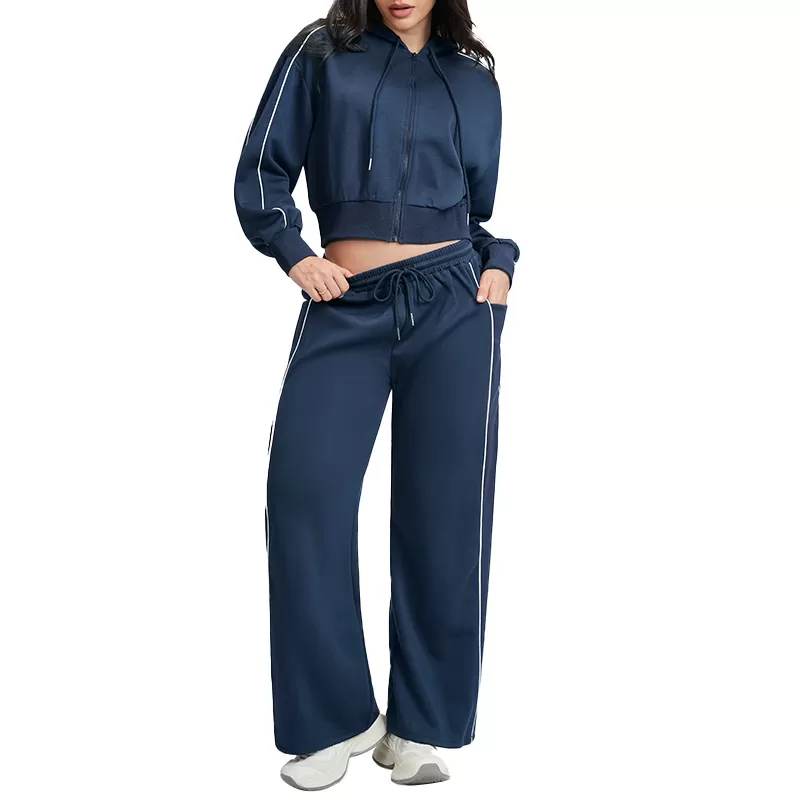 Conjunto de yoga para mujer: chaqueta con cremallera y cordón ajustable en el dobladillo y pantalones deportivos de cintura alta y pierna ancha FGBETZ5537