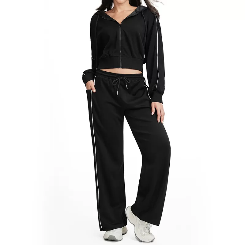 Conjunto de yoga para mujer: chaqueta con cremallera y cordón ajustable en el dobladillo y pantalones deportivos de cintura alta y pierna ancha FGBETZ5537