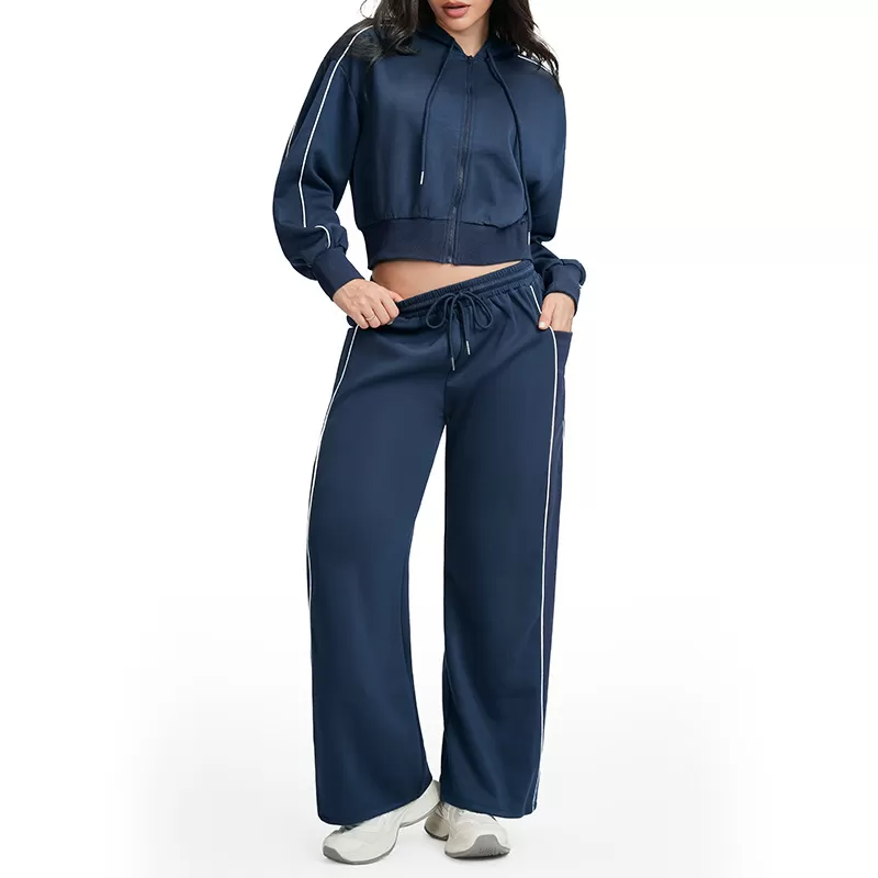 Conjunto de yoga para mujer: chaqueta con cremallera y cordón ajustable en el dobladillo y pantalones deportivos de cintura alta y pierna ancha FGBETZ5537