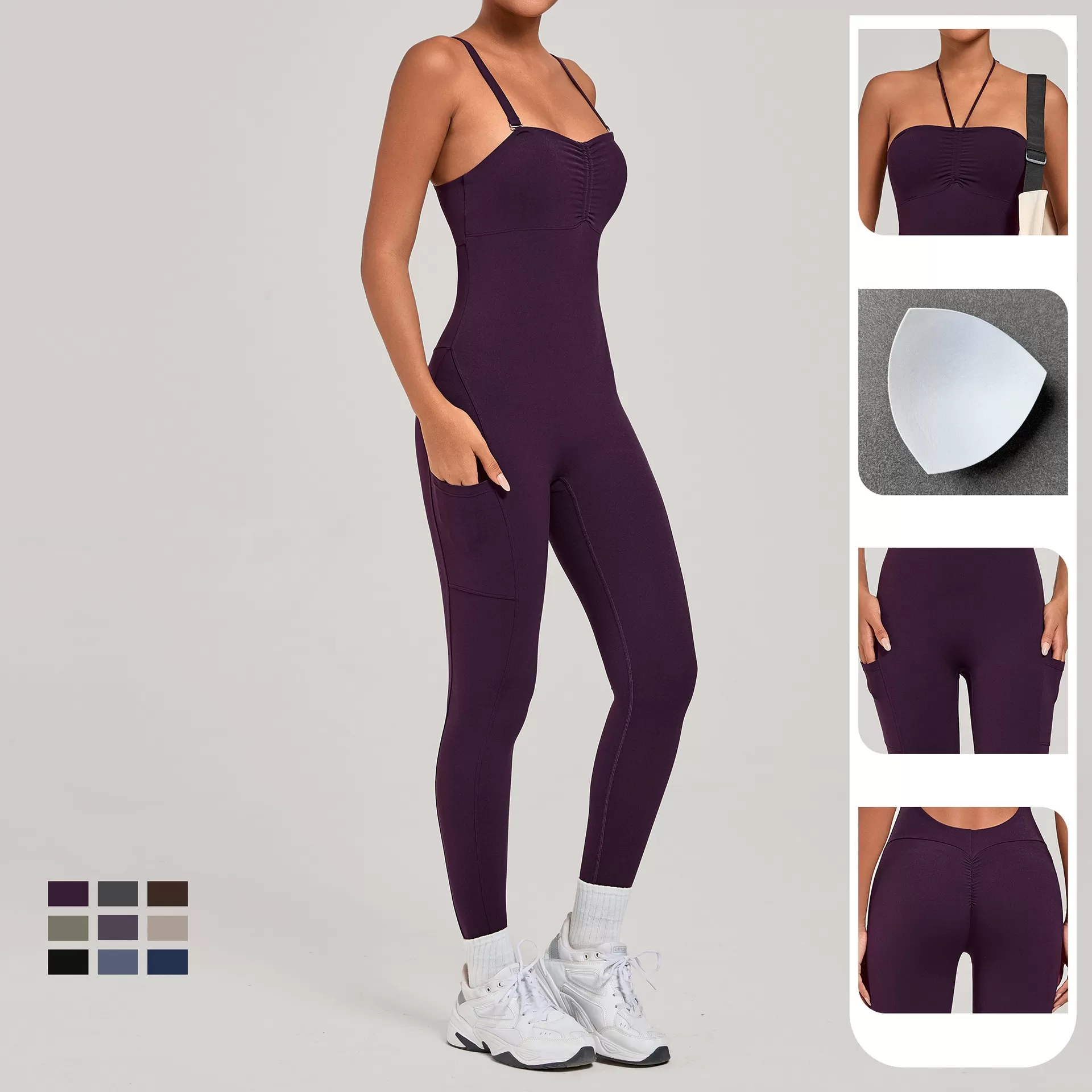 Venta al por mayor de mono de mujer con espalda descubierta, faja moldeadora, tirantes ajustables, pantalones cortos, mono con almohadilla para el pecho, pilates, yoga, FGB80663