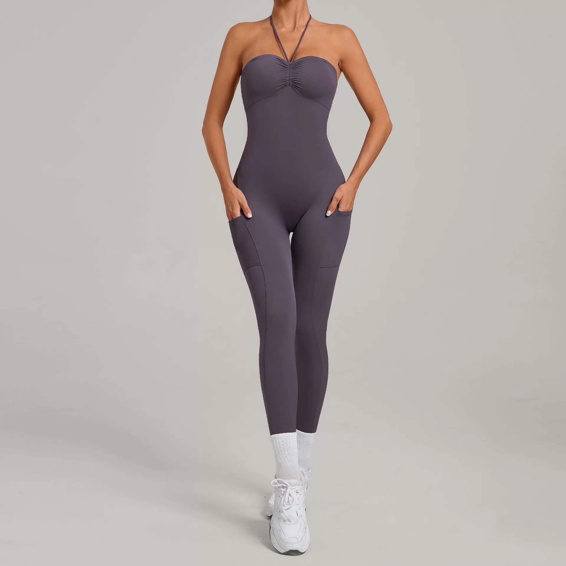 Venta al por mayor de mono de mujer con espalda descubierta, faja moldeadora, tirantes ajustables, pantalones cortos, mono con almohadilla para el pecho, pilates, yoga, FGB80663